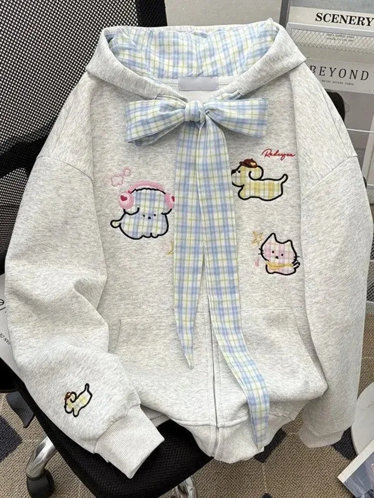 Fall Cartoon Cute Hoodies Women Vintage Long Sleeve Kawaii Preppy Style Sweatshirts Plaid Lace Up Patchwork Female Japan Tops