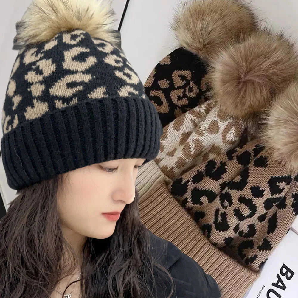 Fashion Winter Leopard Pompoms Hat Print Curly Hem Hairball Knitted Beanie Hat Women's Casual Outdoor Warm Thick Men's Woolen