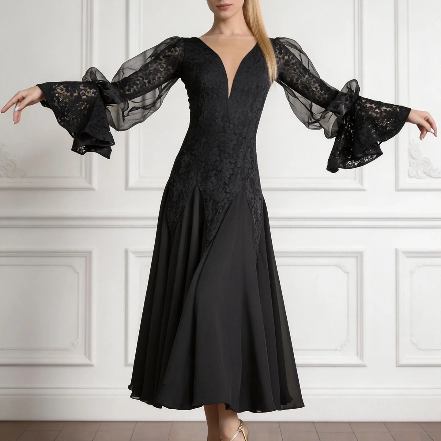 2026 Modern Dance Dress Women's Ballroom Dance New Flared Sleeve Lace Wavy Waltz Ballroom Dance Practise Big Swing Dresses
