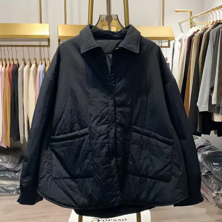 

Retro Workwear irt Sle Cotton Jaet Women's Autumn Winter plus Size Loose Lightweight Warm Casual All-Match Turn-down Co...