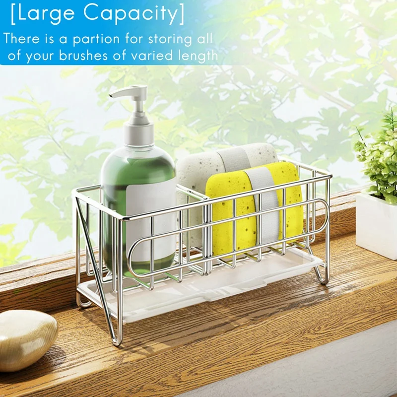 ステンレス製シンク用キャディオーガナイザー、カウンタートップスポンジブラシ、キッチン用ドレンパン付き石鹸ホルダー、新品