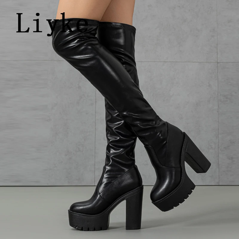 

Liyke Sexy Chunky Platform Heels Over The Knee Boots Women Solid Black Leather Round Toe Motorcycle Thigh High Shoes Size 35-42