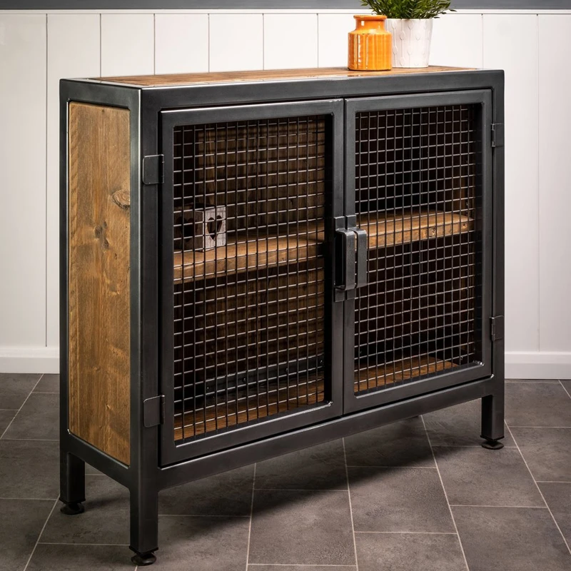 Industrial wrought iron solid wood sideboard storage cabinet multi-functional, simple and economical retro all-iron wine cabinet