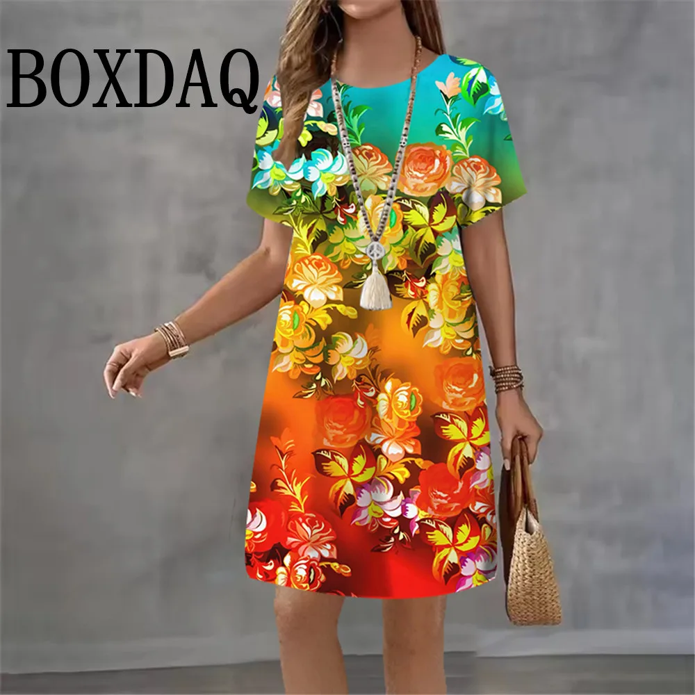 

Женское летнее платье с коротким рукавом и круглым вырезом с цветочным принтом, модное платье 2026, новое повседневное элегантное женское свободное мини-платье с принтом тай-дай