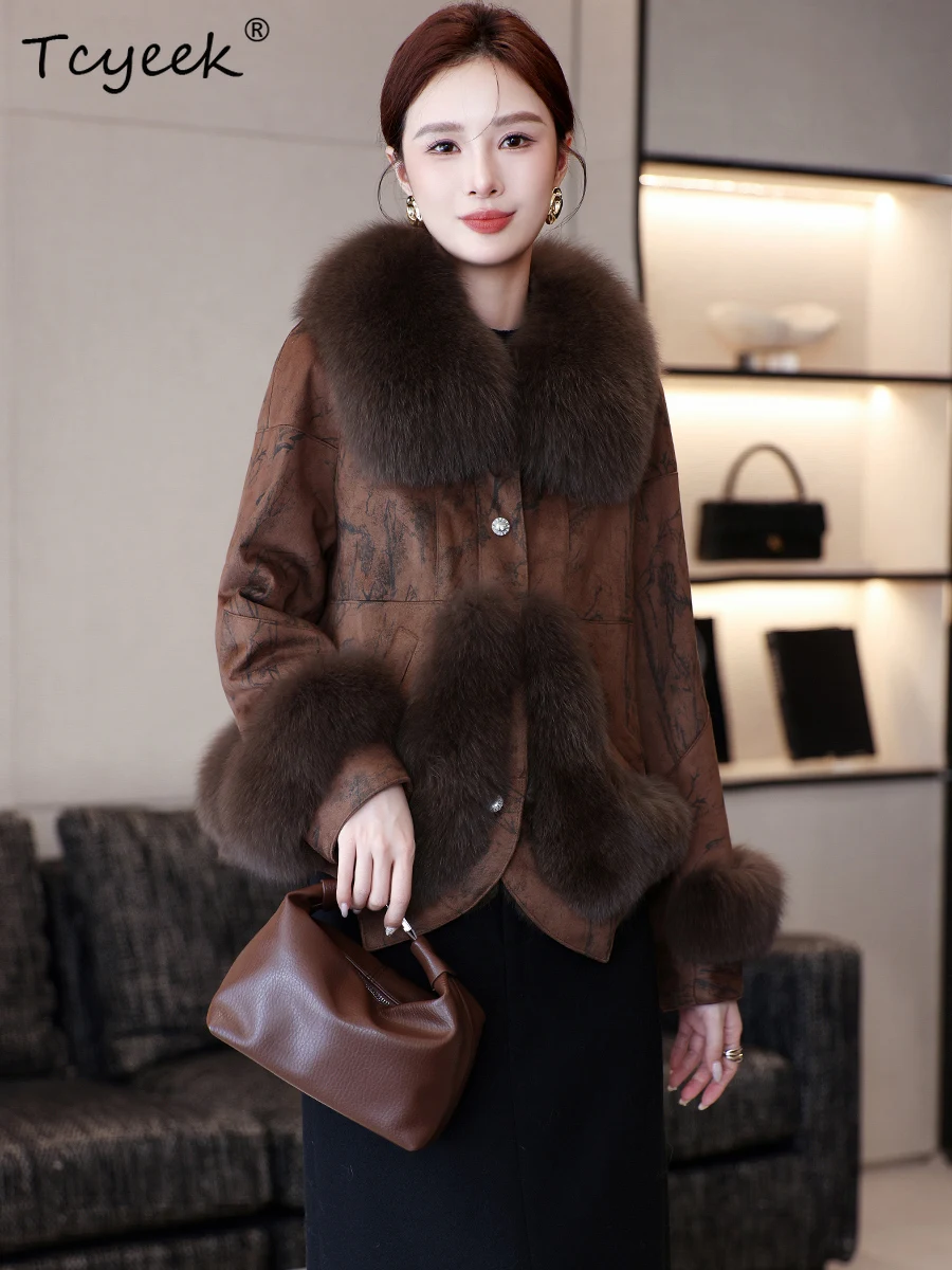Tcyeek Autumn Winter Rabbit Fur and  Integrated High End Korean Version Fox Fur Collor Brown Women's Fur Coat Fourrures Femme