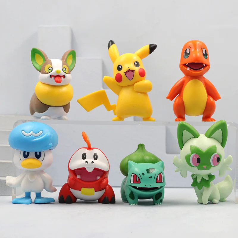 7 pçs anime pokemon pikachu figura charizard bulbasaur floragato fuecoco quaxly ymer conjunto bonito modelo de brinquedo carro ornamentos desktop