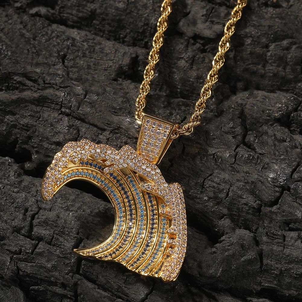 

Sea Wave Shape Bling Bing Iced Out Pendant Necklace Mirco Pave Prong Setting Rock Rapper Fashion Hip Hop Jewelry BP263