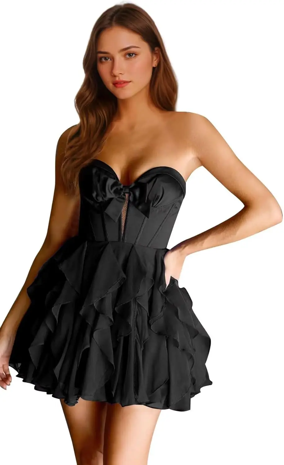 

Satin Strapless Homecoming Dresses 2025 Sweetheart Neck Chiffon Ruffles Aline Short Prom Dress with Bow Above Knne , Mini