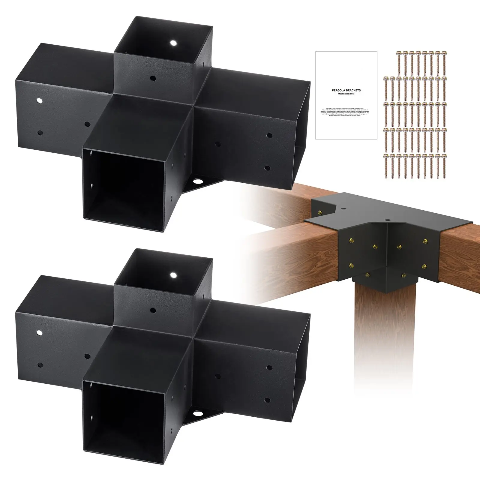 Pergola Bracket Kit 4''x4''(Inner Size 3.6x3.6), 2pcs 4-Way Heavy Duty Corner Bracket Woodworks DIY Post Base Kit, Easy Installation Wooden Beams for Gazebos, Patio Pergolas, Log Cabin Outdoor