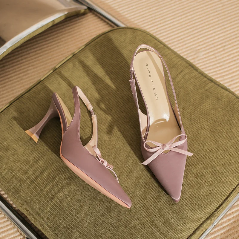 

Bloomsteps [овчина] женские туфли на высоком каблуке на тонком каблуке, новинка 2024, пустые сандалии с острым носком, туфли на одной платформе с бантом