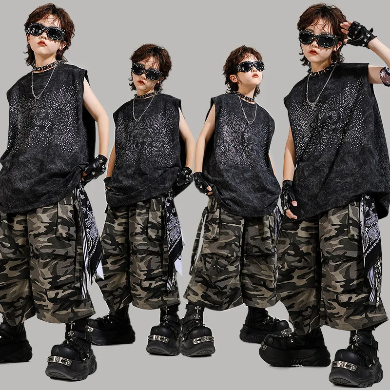 

Kid Kpop Hip Hop Clothing Black Stoned Tank Camo Strap Parachute Cargo Shorts Middle Pants for Girl Boy Dance Costumes Clothes