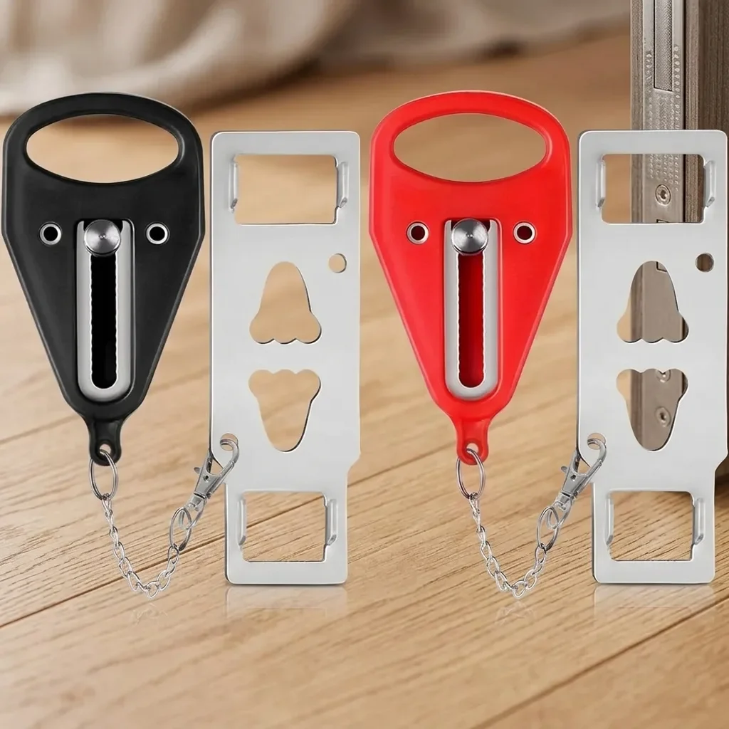 Portable Travel Door Lock Anti-theft Safety Door Stopper Lock, Hotel Apartment Temporary Privacy Security Lock Device with Keychain, Red & Black Plastic Handle + Stainless Steel Lock Plate Dual Use Anti-opening Lock