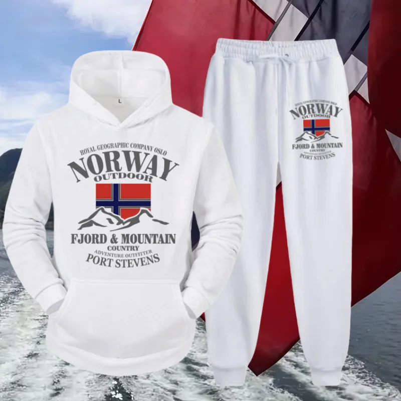 

2025 Trend Men's Printed Set – Hoodie & Pant with Norway Fjord Mountain Flag Print, Soft Fleece Casual Streetwear Two-Piece Set