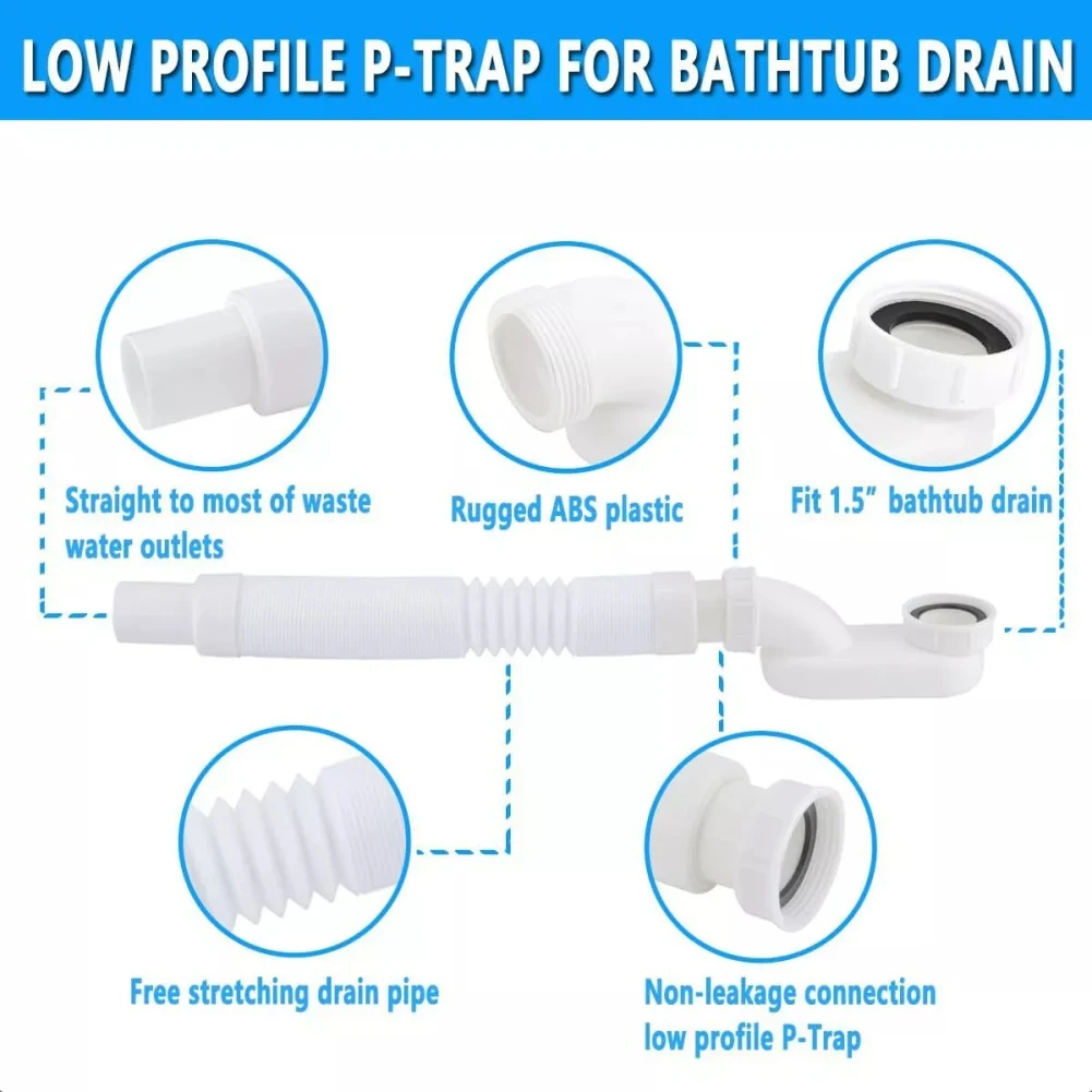 G1-1/2 Bathtub Drain Pipe with Flat P-Trap Layout Designed for Freestanding Tub and Integration into Diverse Bathroom Plans