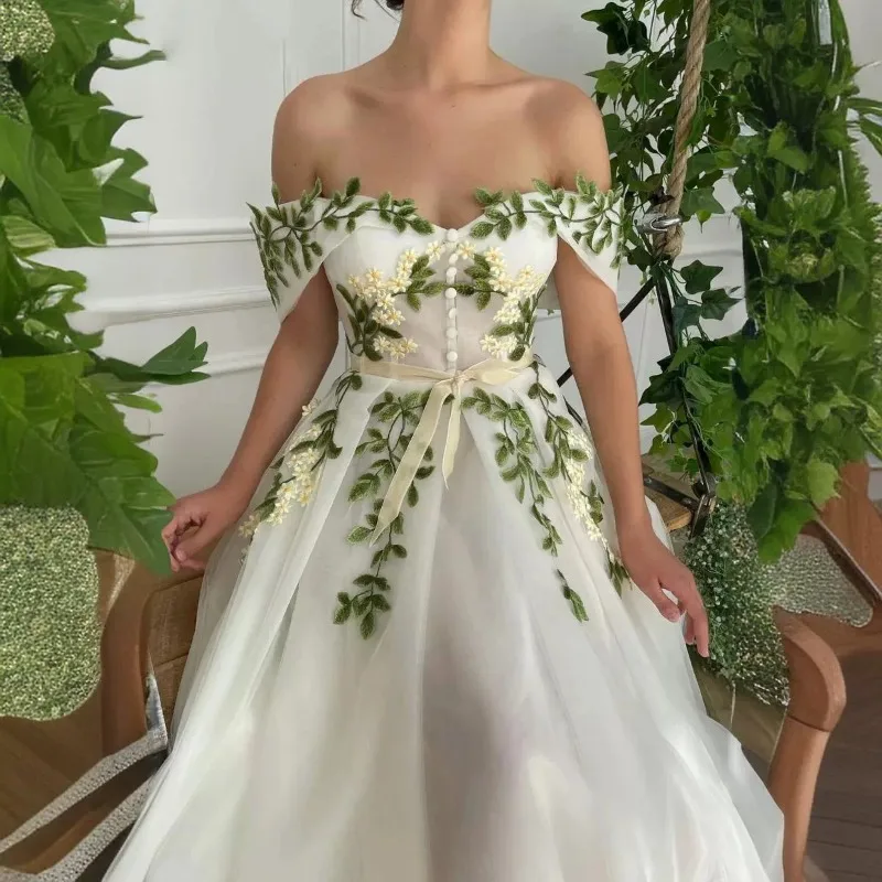 Boho Off Shoulder Leaf Embroidery Button Prom Dresses A-line Ankle-length vestidos de novia Zip Back Tulle After Party Dress