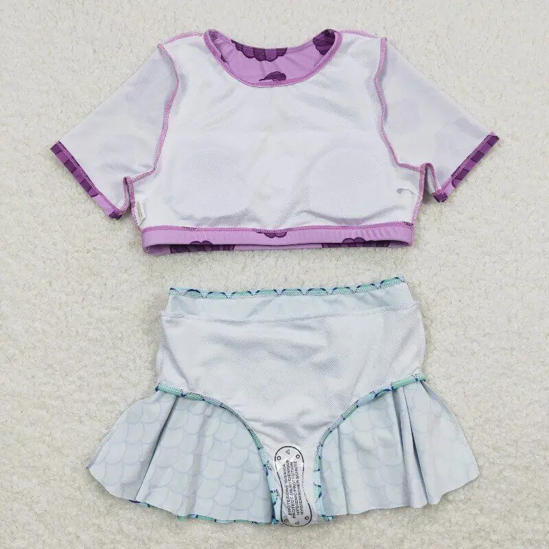 RTS Baby Girls Two Pieces Short Sleeve Purple Sea Shells Top Skirt Summer Kids Children Beach Wear Swimwear Swimsuits