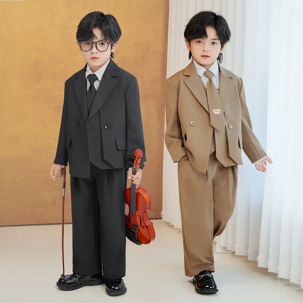 

Children's 4pcs Suit Set Handsome British Style Fashion Boys Performance Birthday Photography Dress Kids Blazer Vest Pants Tie