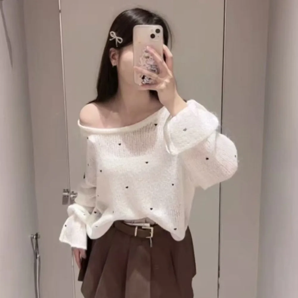 

Универсальные сексуальные свободные французские вязаные повседневные новые милые милые пуловеры с открытыми плечами, японский вязаный милый джемпер с расклешенными рукавами