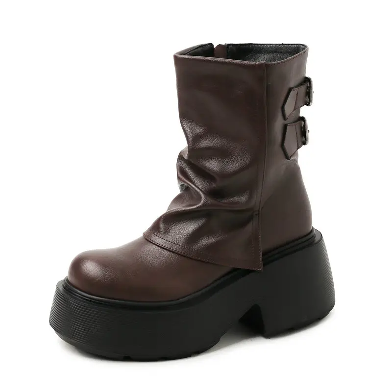 

New Platform Women Boots Ankle-height Shoes Genuine Leather Stylish Street Round-toe Boots