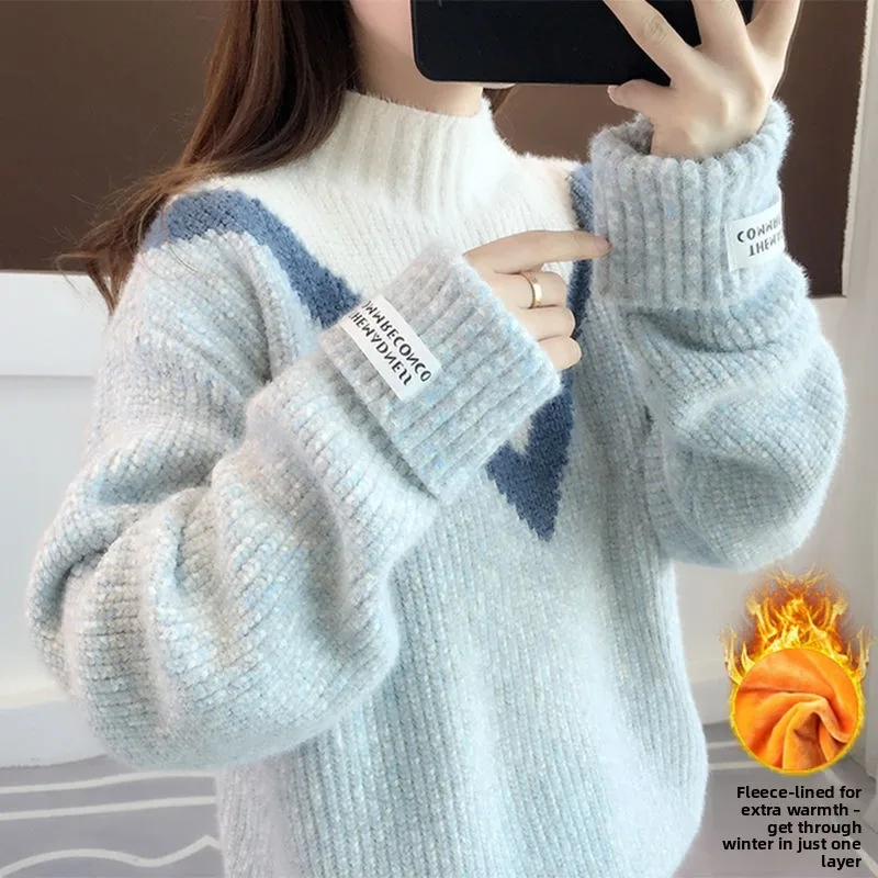 

Женский вязаный свитер с высоким воротником, на флисовой подкладке, свободного кроя, утепленный, осенне-зимний, новый, в корейском стиле, повседневный, пуловер