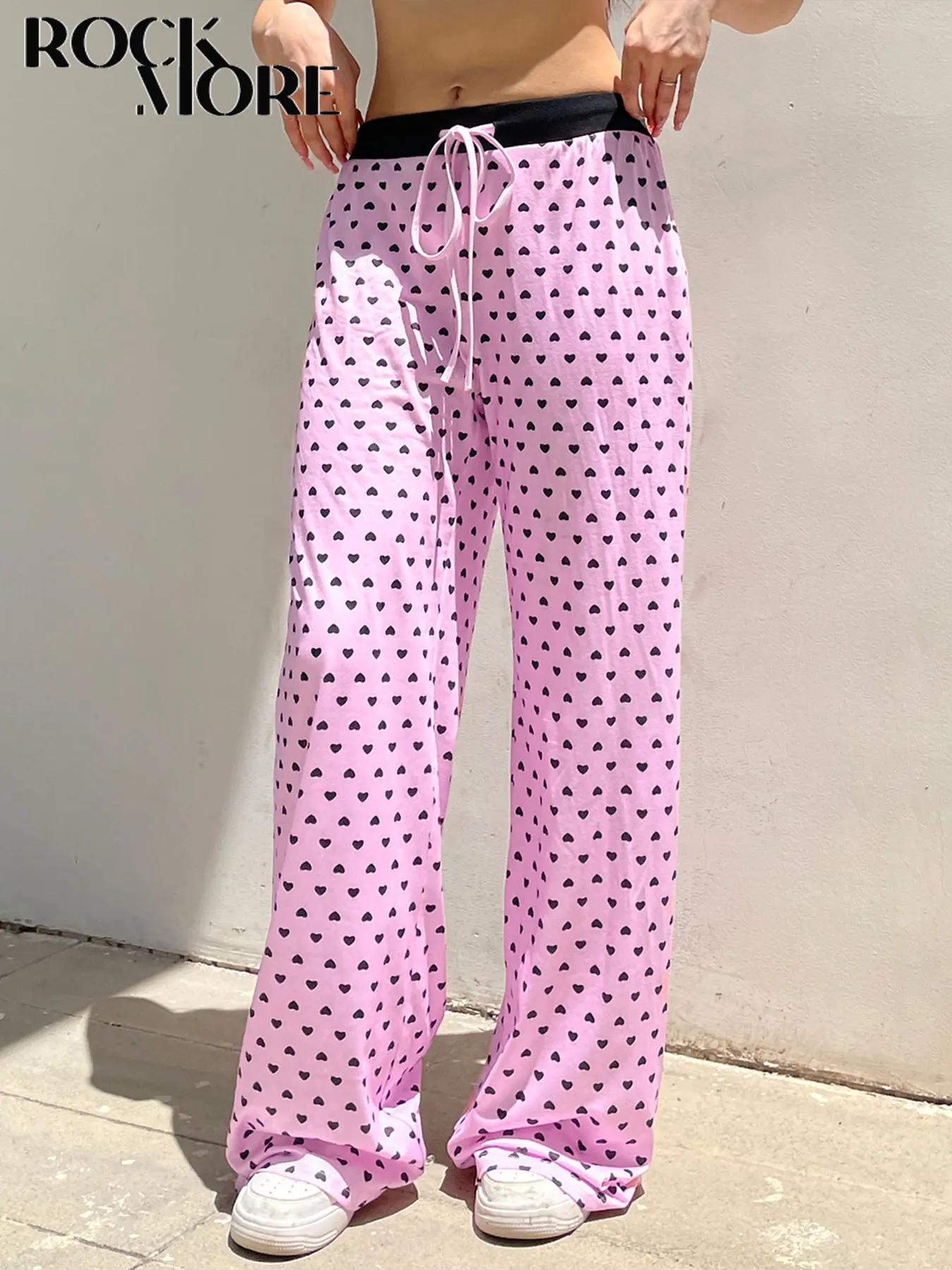 Rockmore Y2k Pink Love Print Casual Pants Harajuku Women Homewear Mid Waist Drawstring Elastic Loose Trousers All Match Clothing