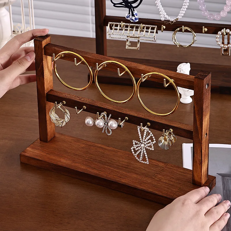 Walnut Jewelry Organizer, Wall Mounted Wooden Earring Holder with Iron Hooks, Multi-layer Bracelet Scarf Rack, Vintage Storage D
