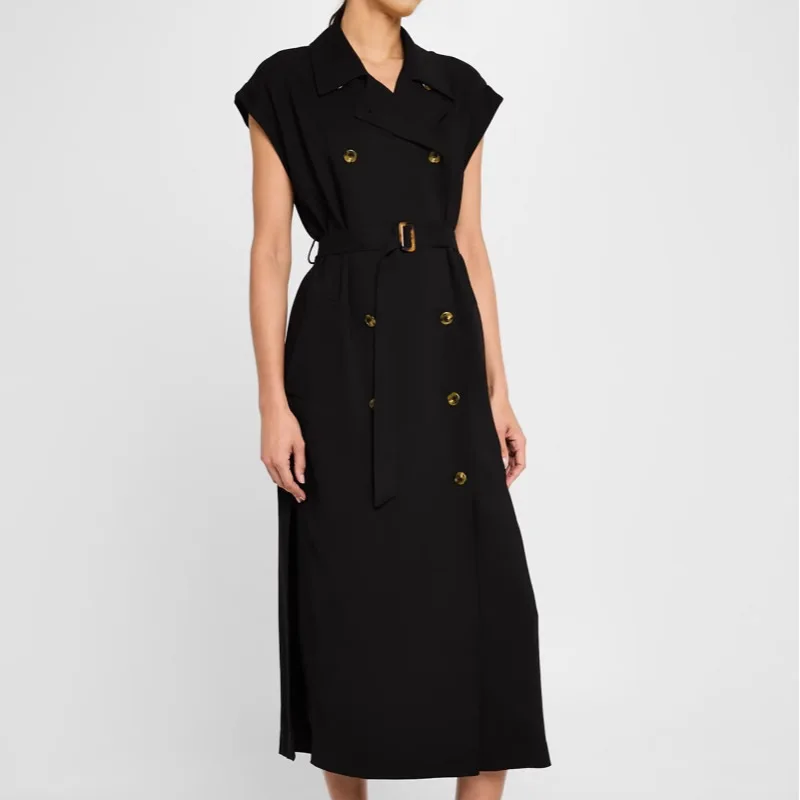 

Black Solid Women Double Breasted Dress Elegant Sheath OL Dresses With Belt 0422