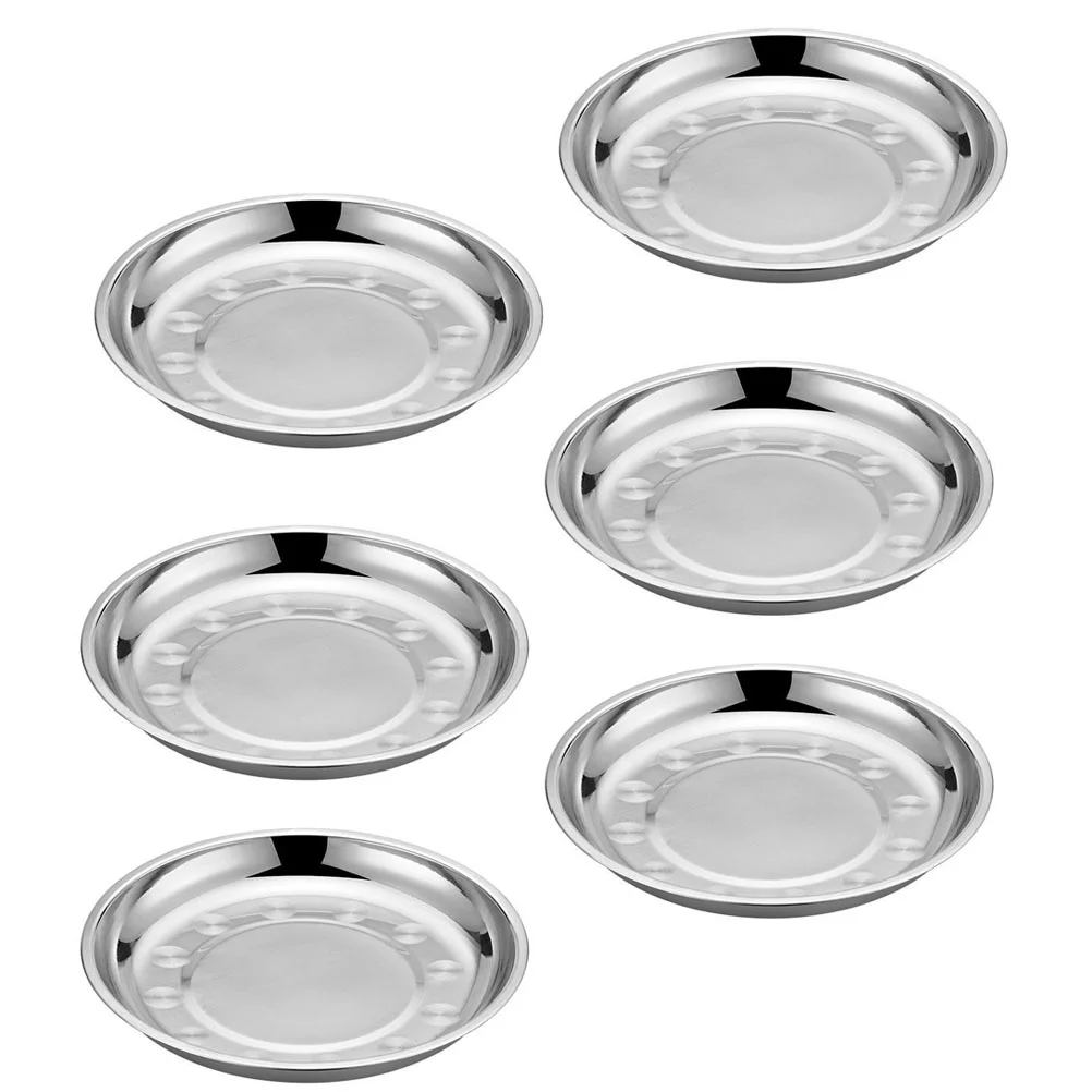 6 Pcs Steel Shallow Bowl Stainless Disc Banquet Food Plate Fruit Basket Travel Silver