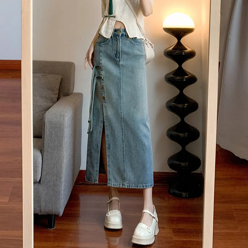 

Chinese Style Split Denim Skirt Women Vintage High Waisted 2024 New Bandage Midi Long A-Line Skirts Fashion Faldas Para Mujeres