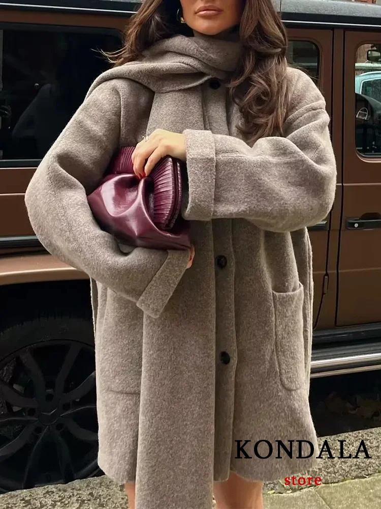 KONDALA Casual Vintage Chic Women Overcoat Solid Scarf Collar Pockets Single Breasted Loose Coat Fashion 2024 Autumn Winter Coat