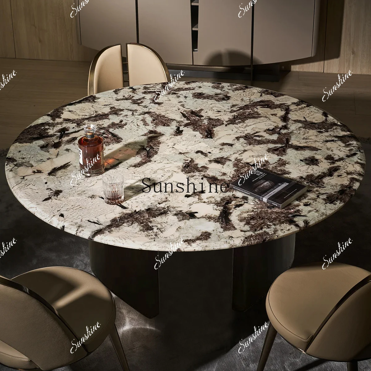 Large and small apartment type natural luxury stone simple round dining table with turntable   FT