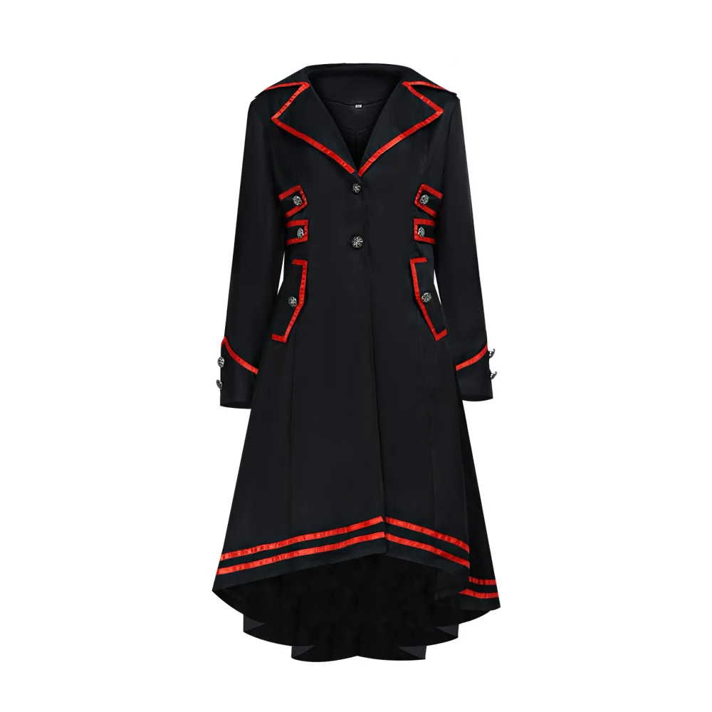 

Готическое винтажное длинное пальто, женский черный фрак в стиле стимпанк, куртка в стиле милитари с красной отделкой, костюм на Хэллоуин, вечерние сценические наряды