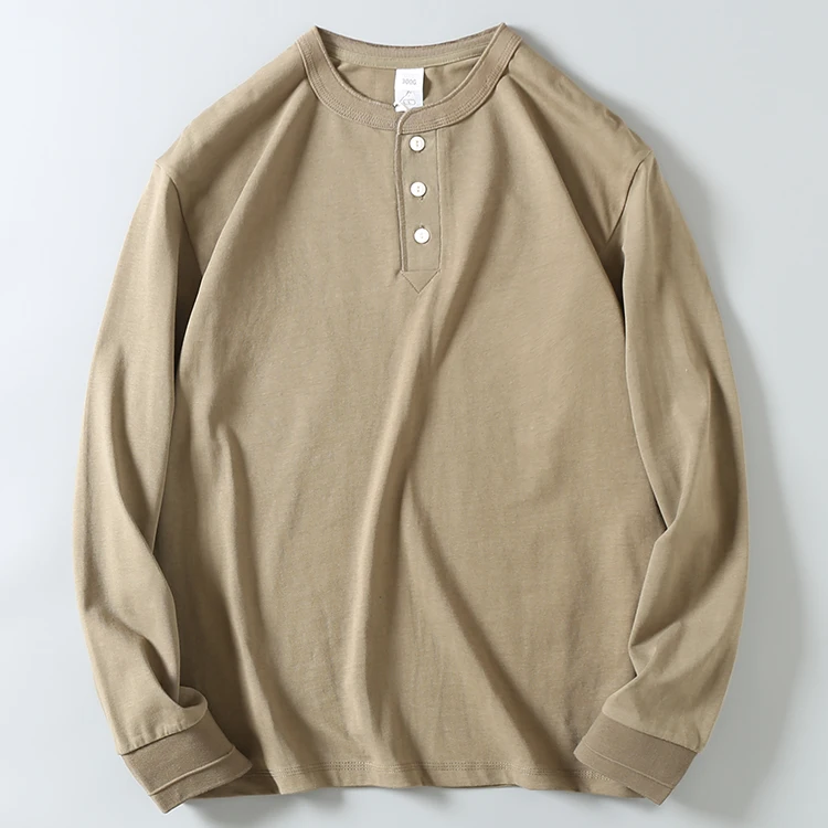 Men's Loose Fit Long Sleeve Cotton Henry Collar  Color T-Shirt Autumn Casual Basic Layering Shirt Trendy Youth Popularity