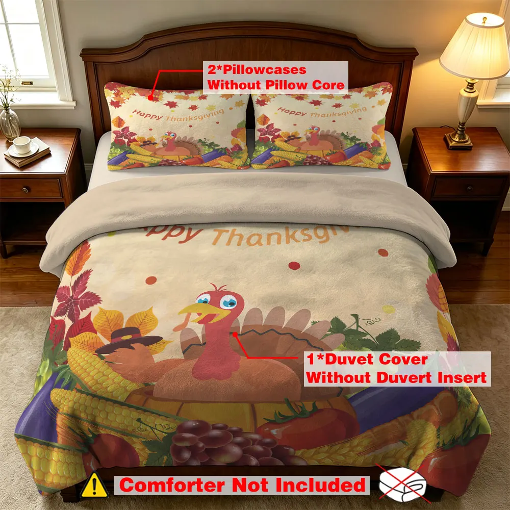 3PCS Thanksgiving Turkey Harvest Maple Leaf Milk Velvet Bedding Set No Filling 1 Duvet Cover 2 Pillowcases Soft Warm Winter H