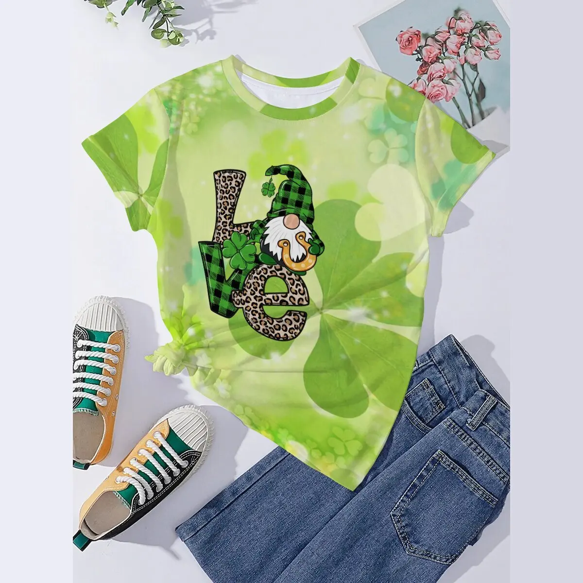 Seeyoushy Green 3D Print Dwarf Four-leaf Clover Printed Top New Summer Women's T-shirt Y2K Trend Fashion Streetwear Polera Mujer