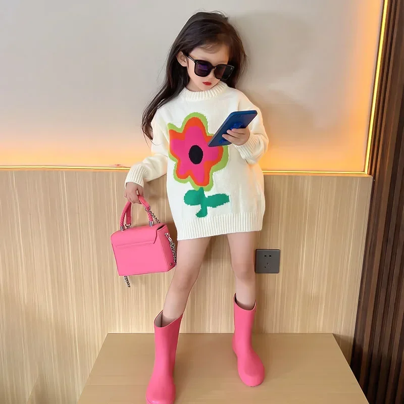 Spring Autumn Girls Sweater Baby Knitwear Kids Knitted Tops Children Pullover Clothes Big Floral Jacquard Rib Knit 4-13Y