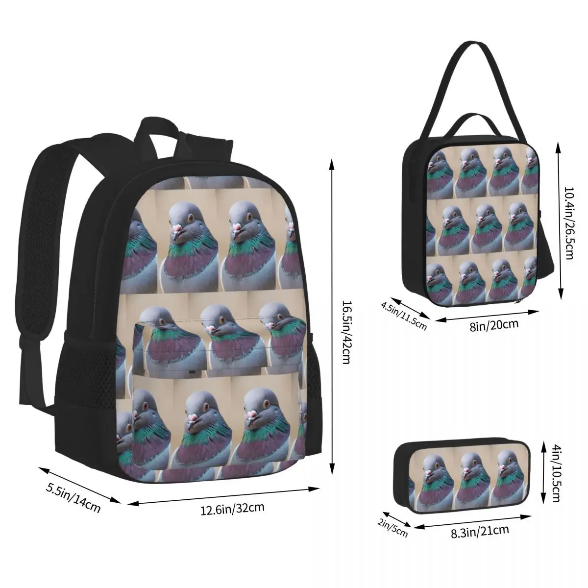 Gray Pigeons Backpacks Kids Bookbag School Bags Rucksack Lunch Bag Pen Bag Three-Piece Set