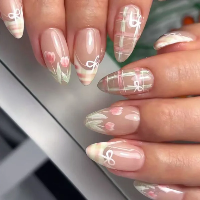 24pcs French Bow Press on Nails Tulip Checkered Pattern Fake Nail Short Almond Full Coverage Nail Tip for Women&Girl False Nail
