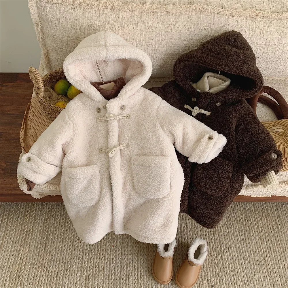 Korean 2023 Autumn Winter Young Kid Boy Woolen Coat Cotton Plush Thicken Outwear Baby Boy Jacket Solid Hooded Long Kid Boy Coat