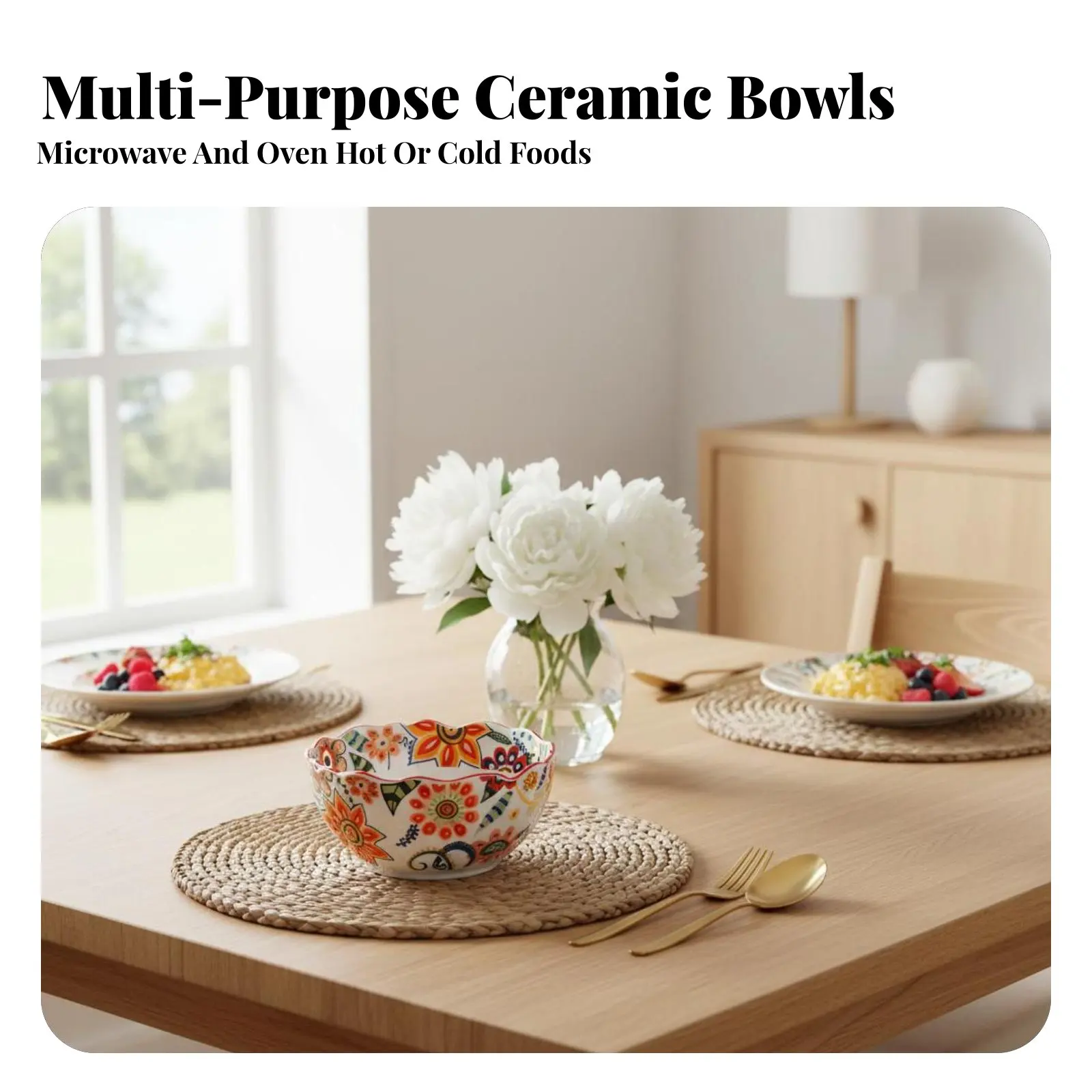 Nordic Floral Ceramic Dinnerware Set, Hand-Painted Deep Plate, Rice Bowl, Fish Plate, Soup Plate, Glazed Finish, view 3