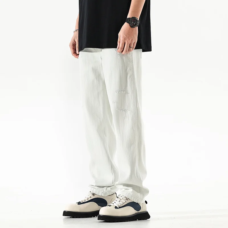 

Retro Ripled White Jeans Men Casual Loose Baggy Denim Pants Streetwear White Trousers Clothes