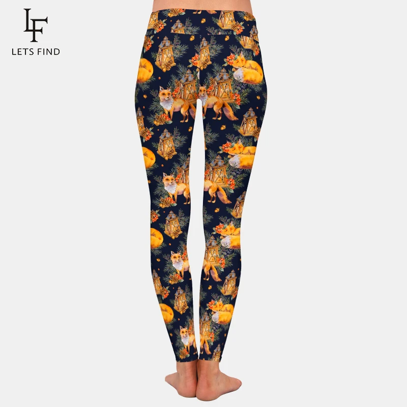 LETSFIND 220gsm Double Side Brushed Milk Silk Printing Cute Fox, Rustic Lantern Women  Pant High Waist Fitness Leggings