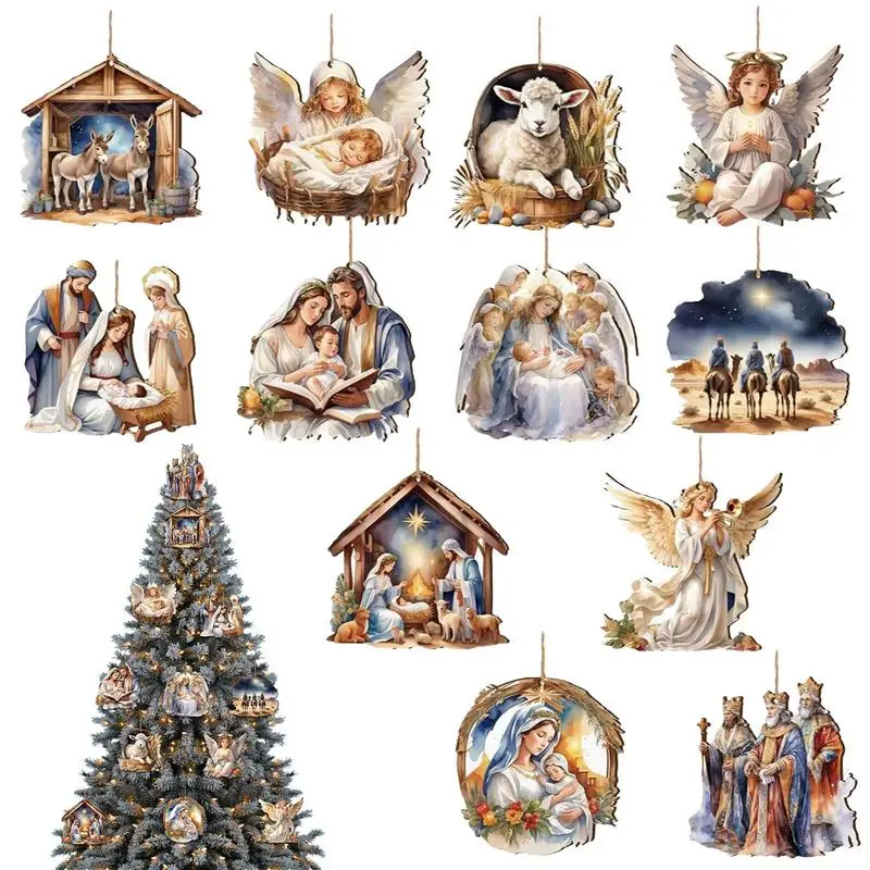 Christmas Tree Nativity Ornaments 12X The Birth Of Jesus Carved Wood Decorations Nativity Christian Jesus Christmas Tree Decor