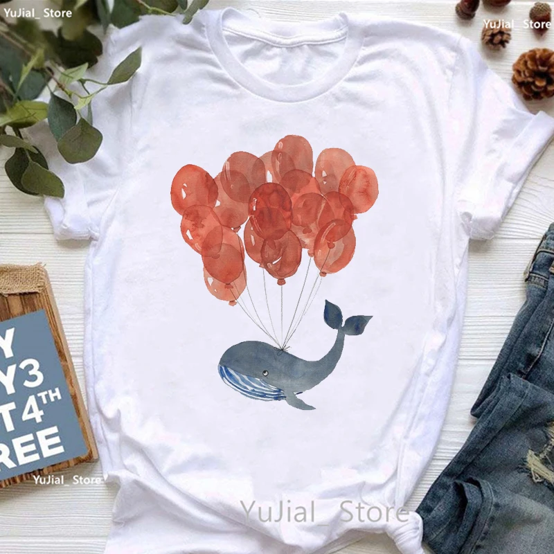 

Dolphin Love Balloon Print T Shirt Women Clothes 2024 World Of Whales Tshirt Femme Harajuku Shirt Summer Fashion T-Shirt Female