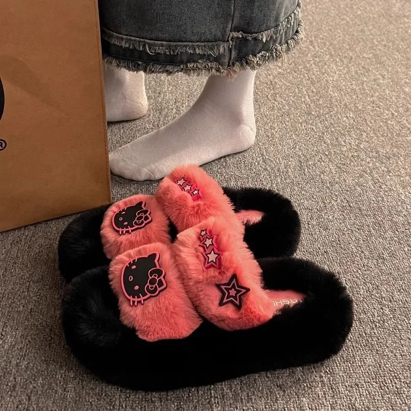 

Cute Hello Kitty Hairy Slippers for Women's Outerwear Autumn/Winter New Home Thick Bottom Lazy One Word Cotton Slippers