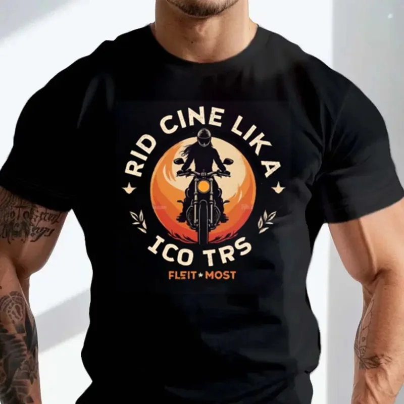 

Men's Cotton Short Sleeve T-Shirt With Motorcycle Rider And Fiery Background Graphic Design O-Neck Casual Tshirt