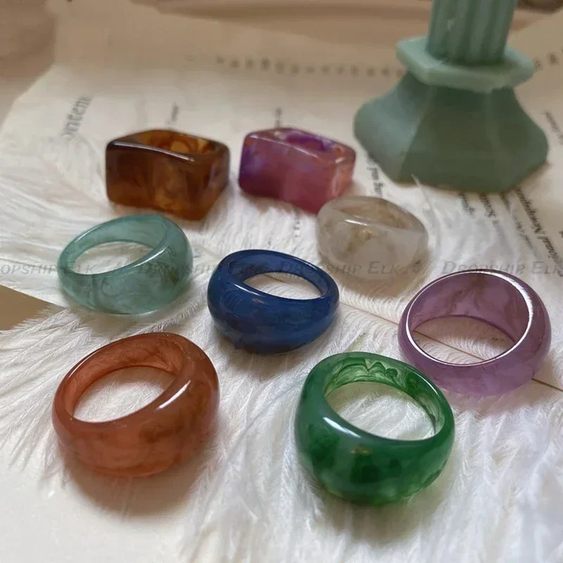 Chic Geometric Transparent Resin Rings For Women Ins Fashion Irregular Marble Pattern Acrylic Ring Vintage Jewelry New