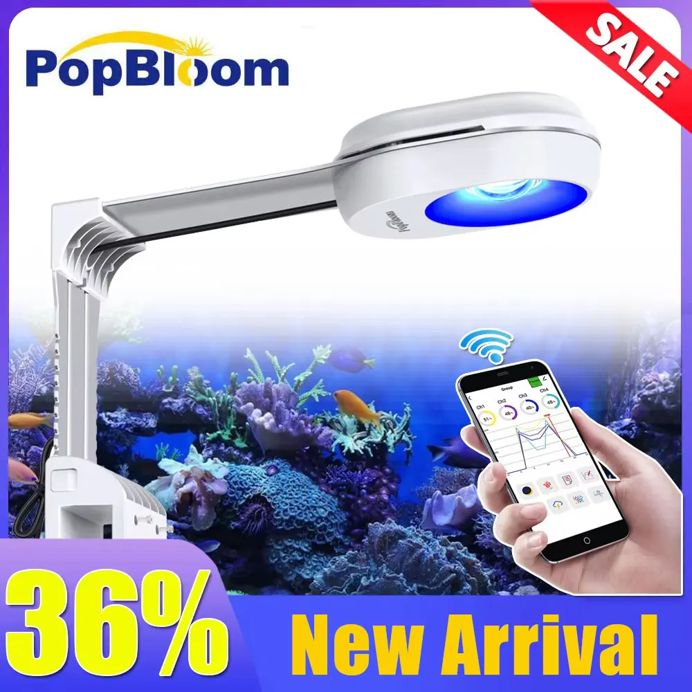 PopBloom WiFi Marine Aquarium Light Smart Saltwater Lighting with App Control for Coral Reef SPS/LPS Fish Tank Lamp, With Mount