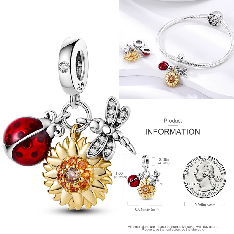 Katzen- und Sonnenblumen-Charm aus 925 Sterling Silber, gelbe Blume, Sonnenblume, Hausperlen, passend für Original-Armreifen, Damen-DIY-Schmuck – Detail 19