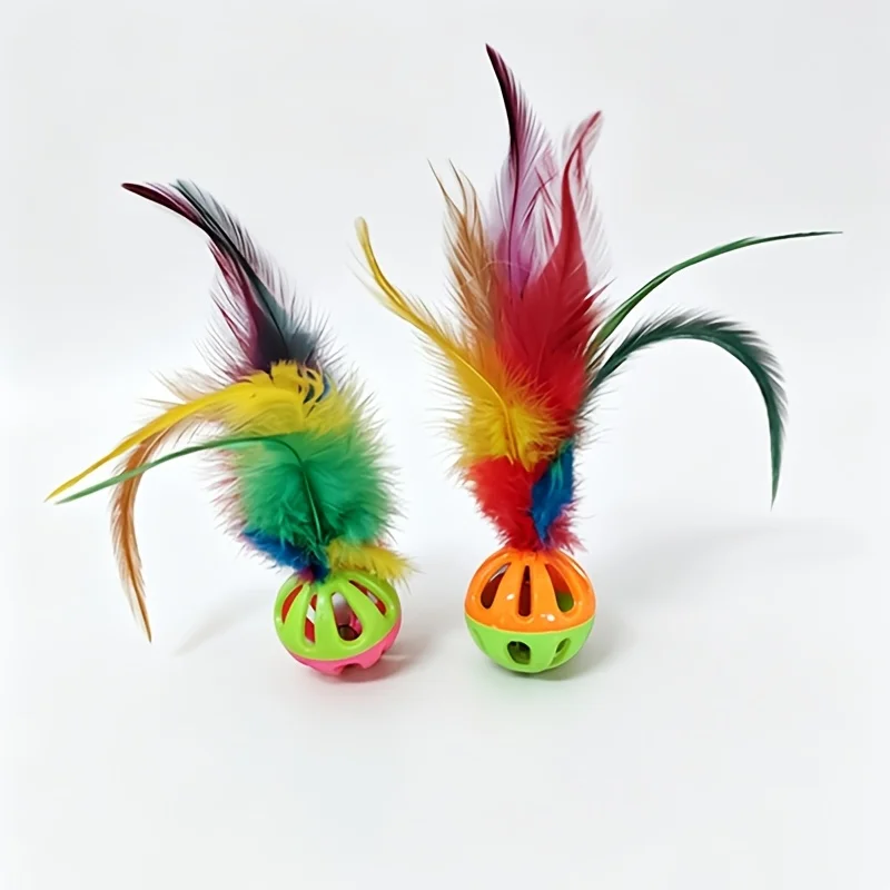 3pcs Feather Bell Teasing Cat Toy Set Colorful Feather Sound Making Hollow Ball Interactive Toy for Kittens